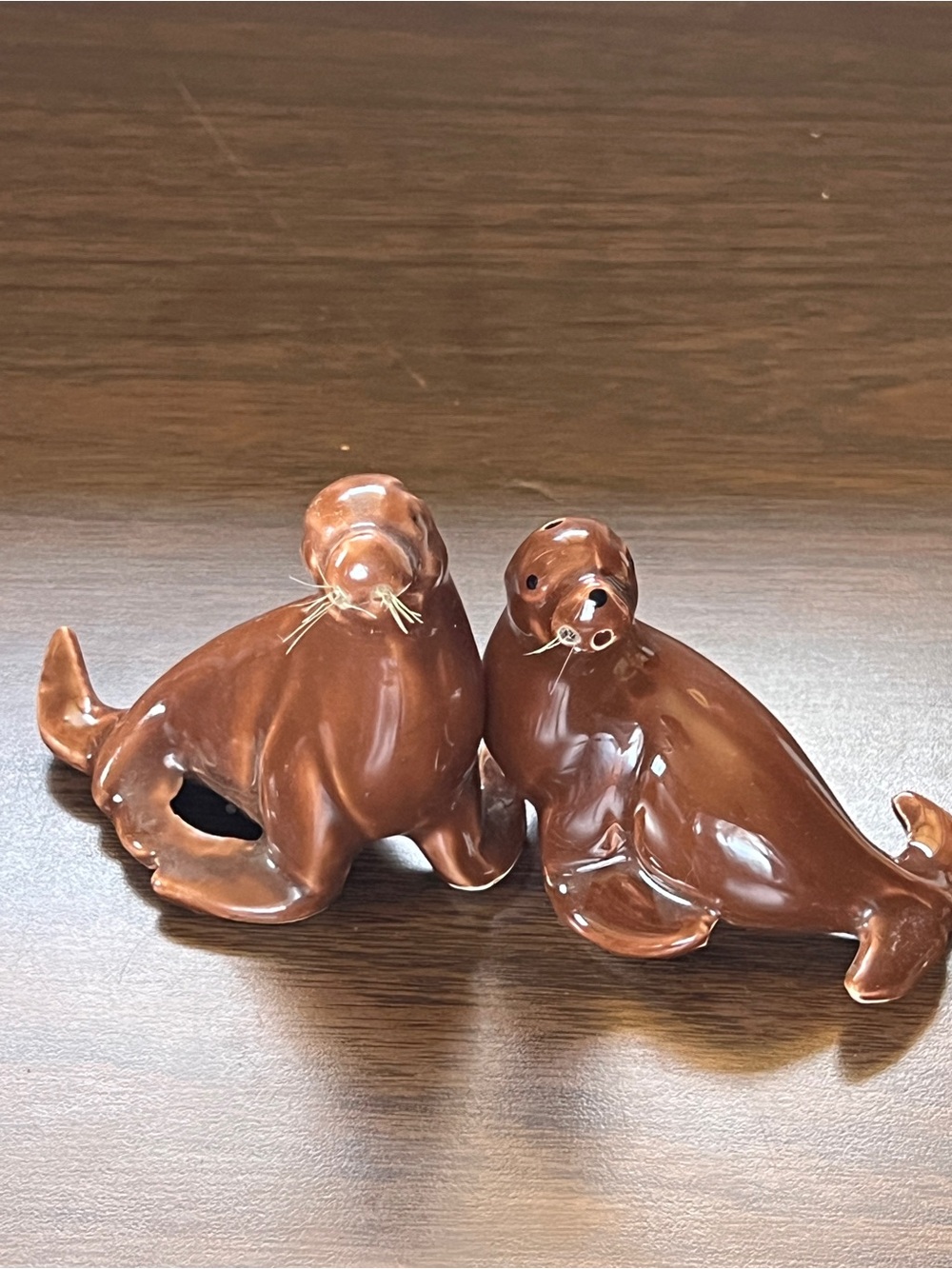 Vintage Brown Ceramic Sea Lion Salt and Pepper Shakers - Made in Japan